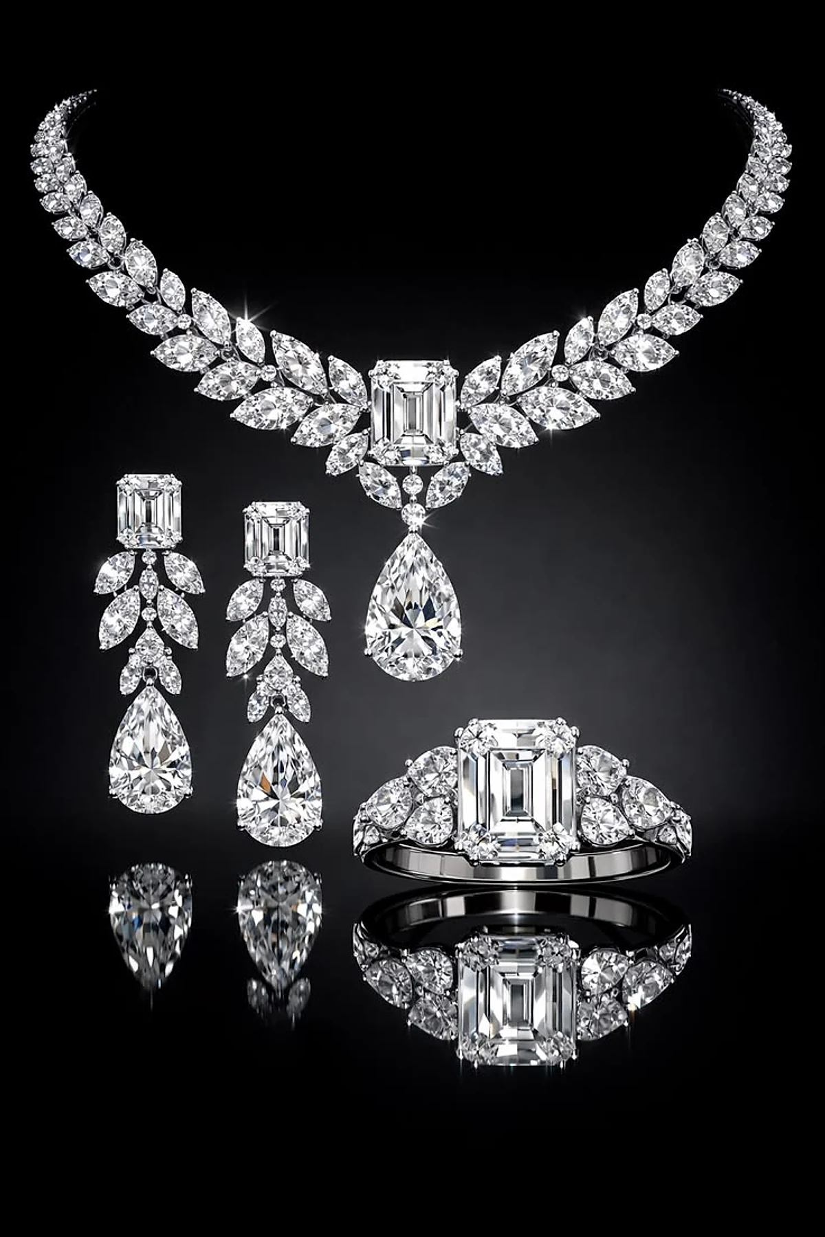 Emerald-cut and pear diamond drop earrings with a matching necklace and ring