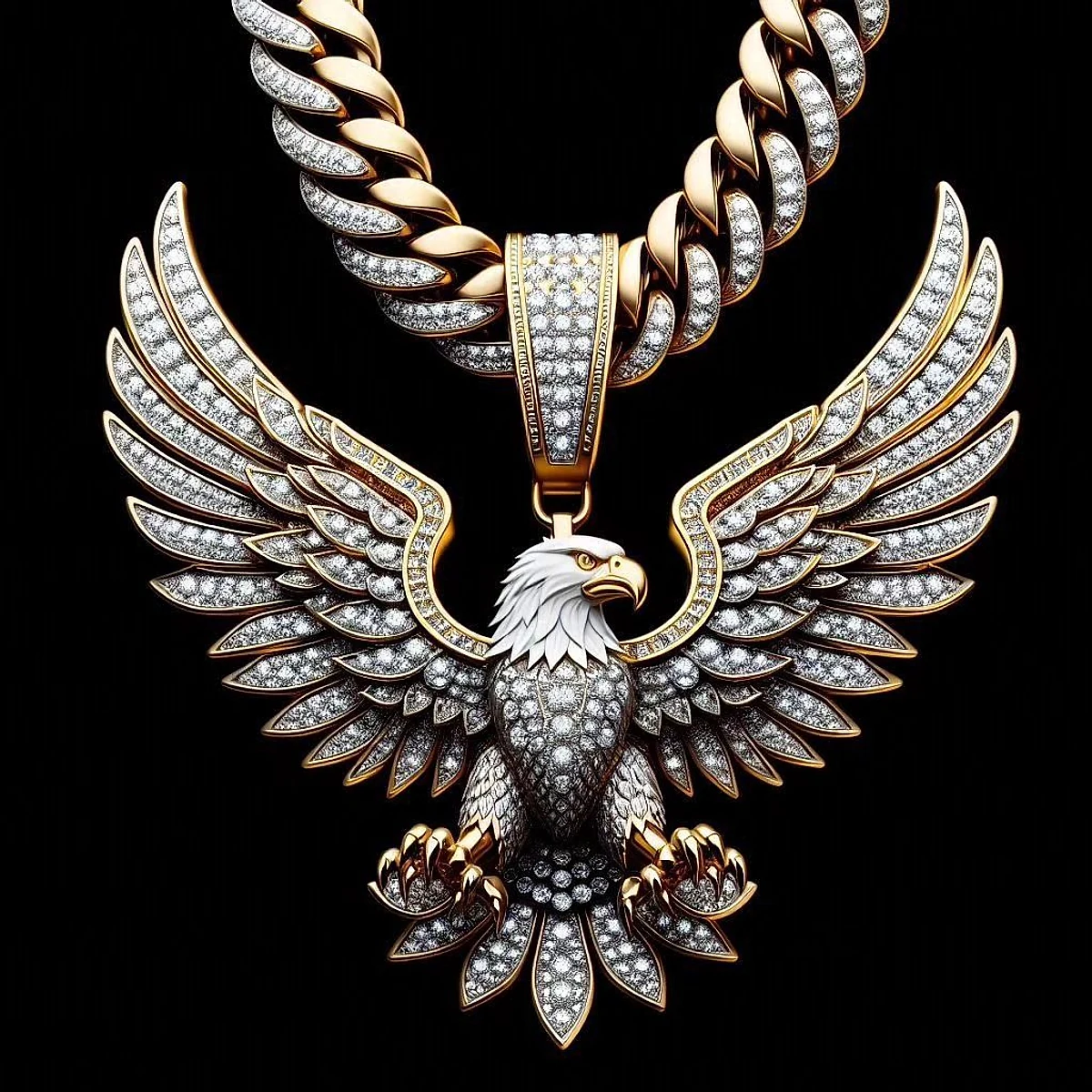 Gold and diamond eagle pendant on a Cuban link chain