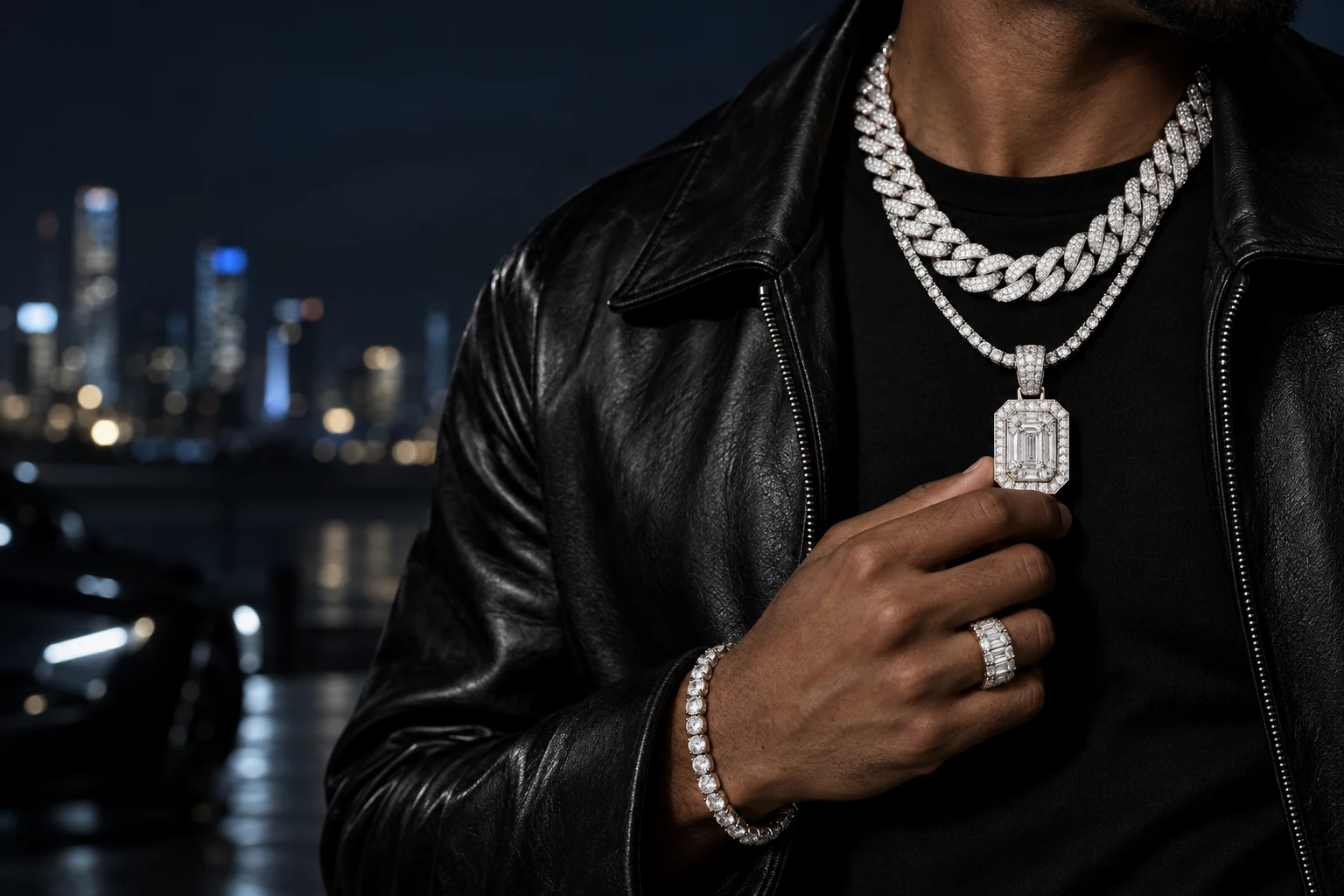 Emerald-cut diamond pendant on layered chains