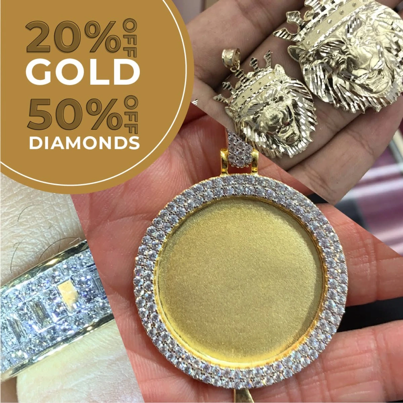 Gold lion pendants, a diamond medallion and a diamond band