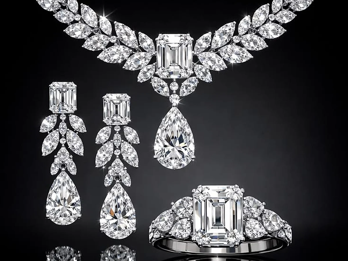 Matching diamond necklace, drop earrings and ring on black