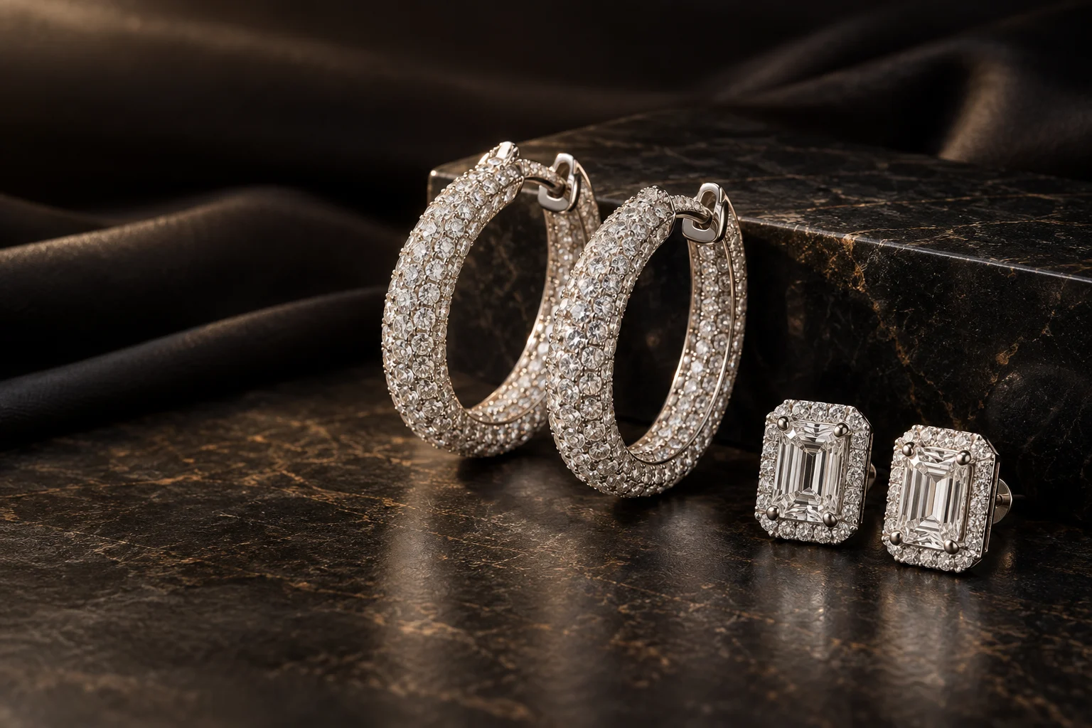 Iced-out diamond hoops and emerald-cut studs