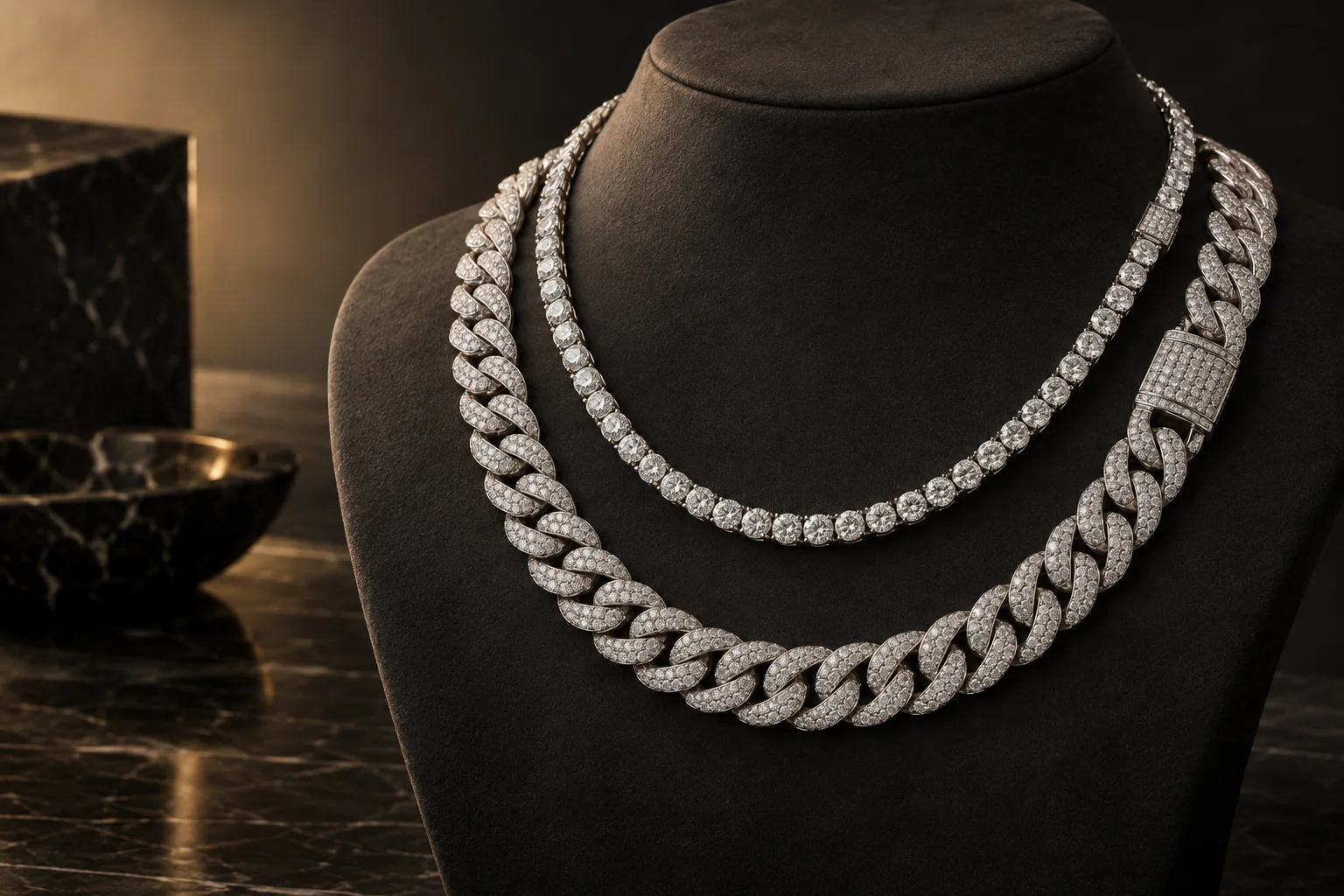 Diamond tennis necklace and Cuban link chain on a black bust