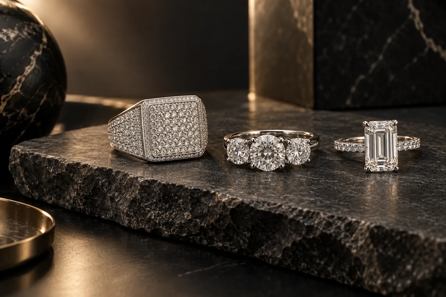 Diamond statement, three-stone and emerald-cut rings on dark marble