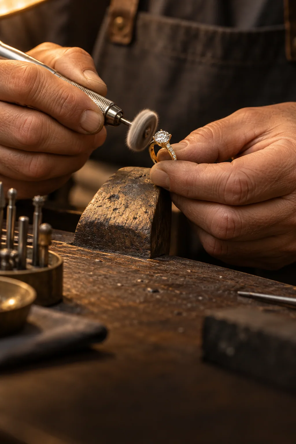 Jeweler polishing a diamond ring at the bench